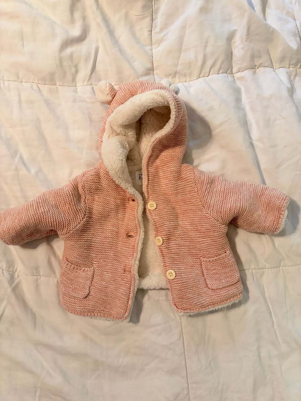 Baby Gap Pink Sherpa Lined Knit Bear Ear Hoodie Cardigan 0-3 Months
